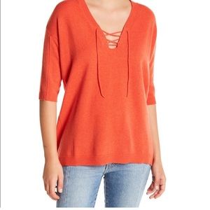 Minnie rose Short Sleeve lace- up 100% cashmere sweater size L